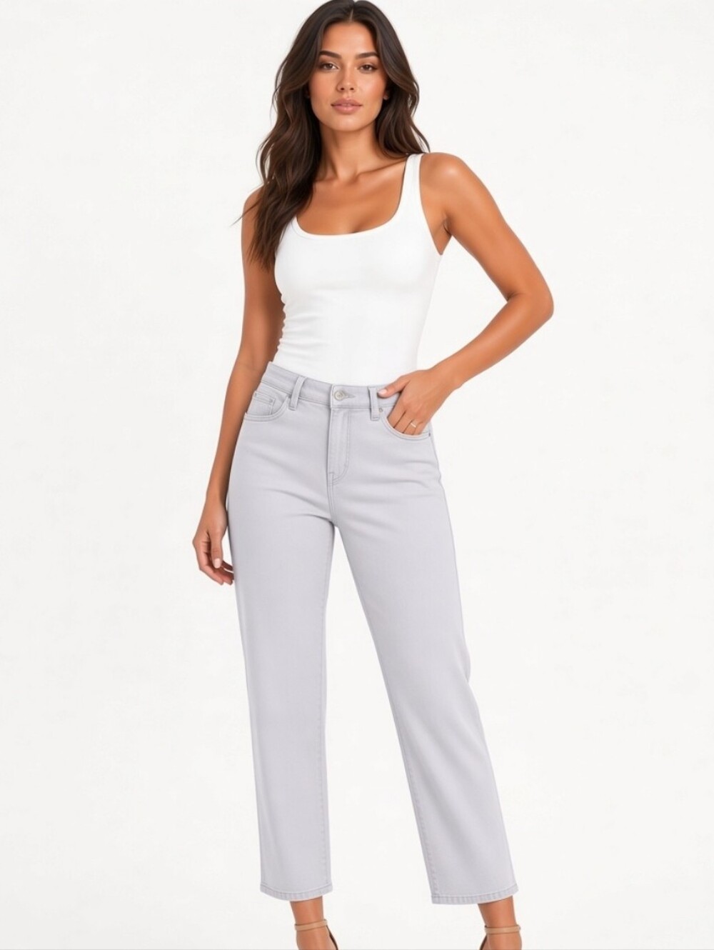 Sonoma Straight Cropped Distressed High-Rise Jeans in Light Gray (Sz:12)
